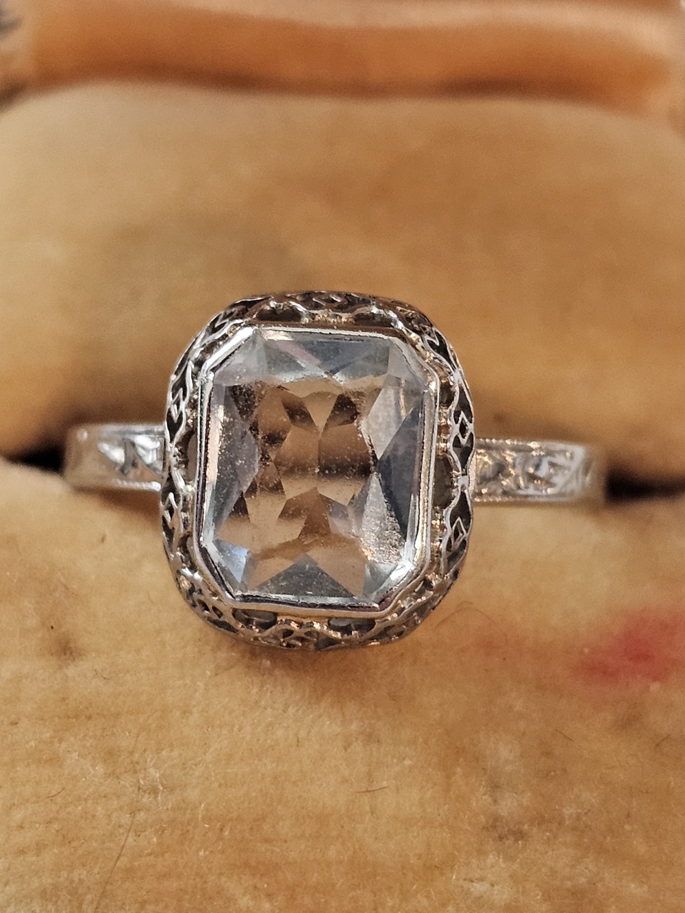 14k White Gold Filigree Ring Band Aquamarine Emerald Cut Sz 5.5 Vintage 1.7g